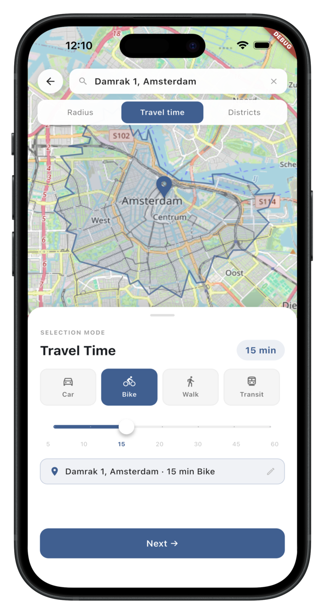 WoningMe reistijd functie